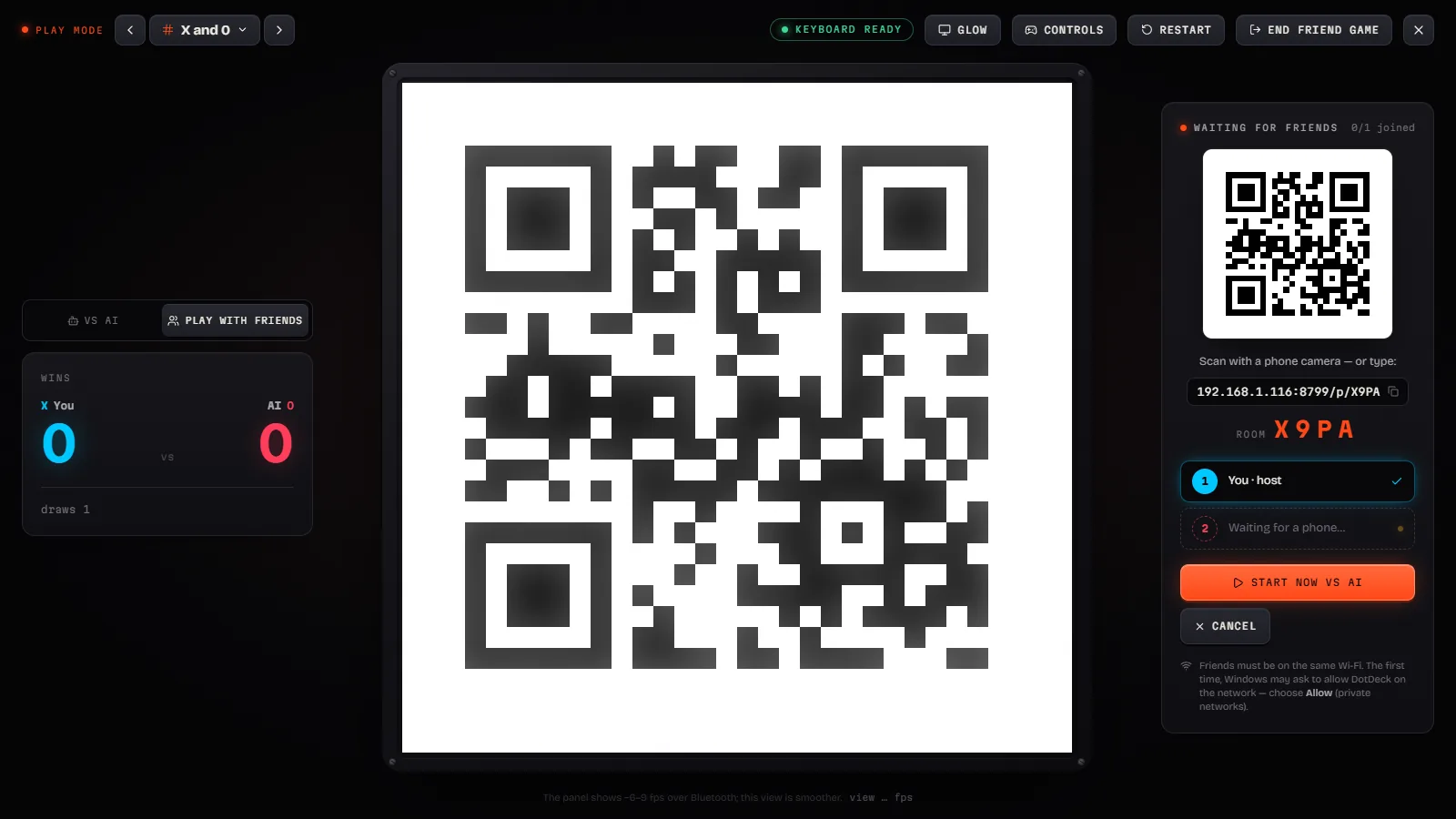 The studio's Play with friends screen with a QR code for phones to join