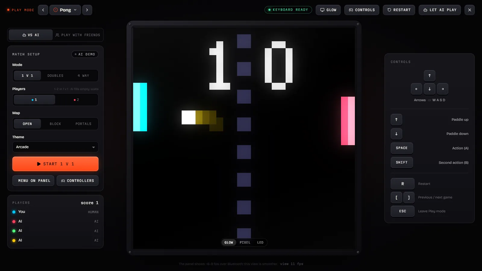 Play mode with the match setup: mode, players, map and theme